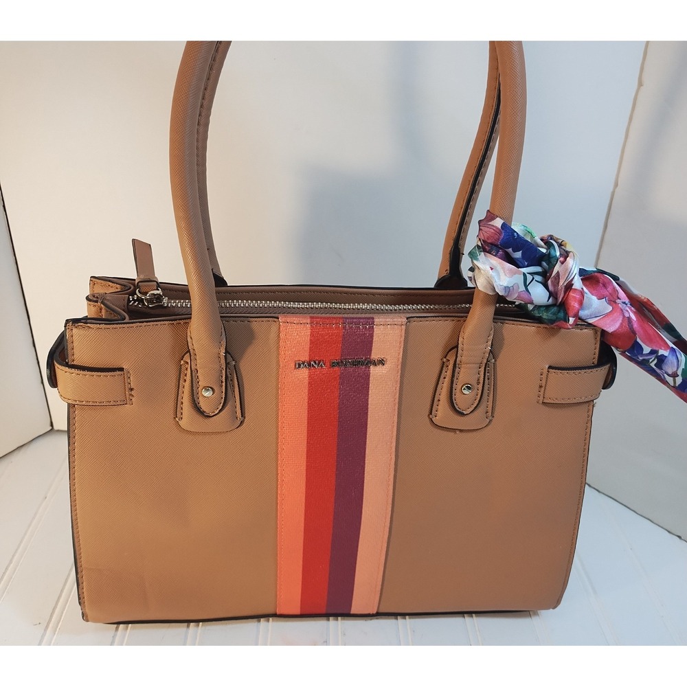 Dana Buchman Tan Vegan Leather Satchel Bag Stripe & Scarf Earthy Preppy Office